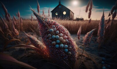  a corn field with a barn in the background at night.  generative ai