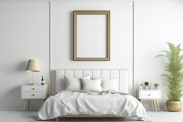 Empty picture frame on white wall in modern bedroom. Mock up interior in contemporary style. Free, copy space for your picture, poster. Bed, armchair, console, lamp. Generative AI