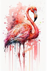 Vertical watercolor illustration of pink flamingo on white background. Abstract painting of beautiful flamingo in aquarelle style with paint splashes. Generative AI art.