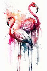 Vertical watercolor illustration of two pink flamingos on white background. Abstract painting of beautiful flamingos pair in aquarelle style with paint splashes. Generative AI art.