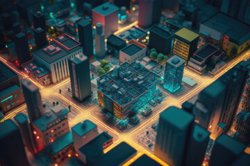 High tech data network color grids over miniature city scape with cinematic coloring. Generative AI