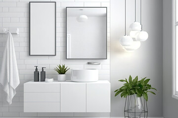 Mockup white tone bathroom the is a washbasin and a mirror. with hanging lamps and cloth basket. Generative AI