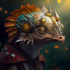 Fototapeta premium A Sleek and Powerful Lizard with Shiny Scales and a Regal Appearance wears a Fancy Helmet Adorned with Intricate Gold Designs, Exuding an Air of Danger and Mystery
