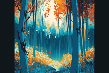 autumn forest with blue trees in the foreground illustration art, background, illustration, generative ai