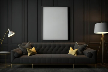 mock up poster frame in Luxury dark living room interior background, black empty wall mock up, modern living room with gray sofa and black lamp and pouf,. Generative AI