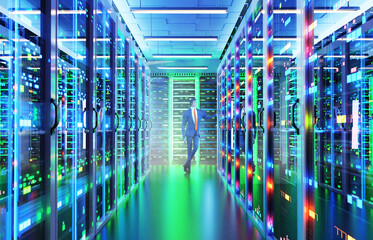 Successful businessman in the Big Modern server room, data centre or mining farm controlling the working process. 3D rendering illustration
