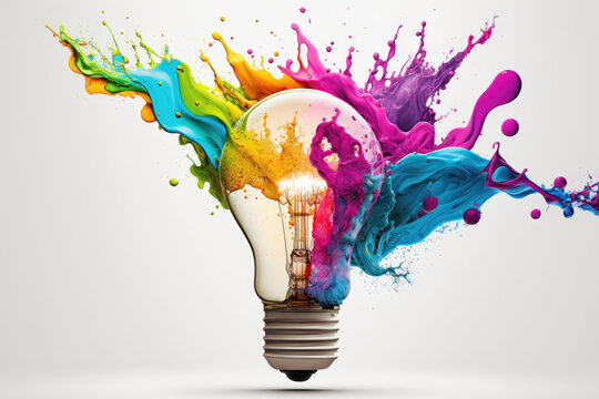 Illustration of colorful bulb with splash of colors on white background. Generative AI