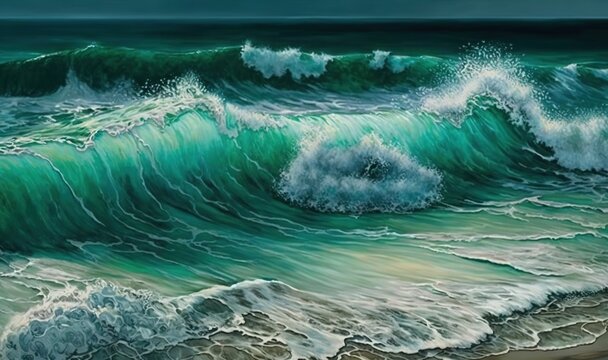  a painting of a green ocean wave on a beach with a dark sky.  generative ai