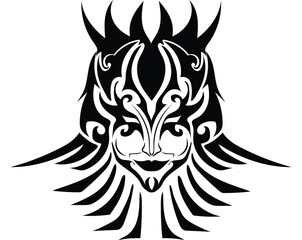 black and white silhouette vector design of a symbol or similar to a tattoo of a woman with a sharp crown and ornaments and carvings and symbols around her entire face and neck