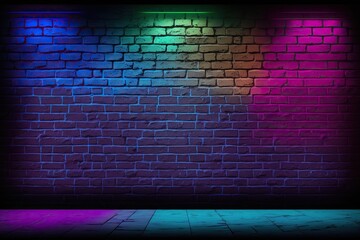 Fototapeta na wymiar Modern futuristic neon lights on old grunge brick wall room background, illustration, generative ai