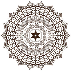 Mandala with wavy doodle elements and hearts on a transparent background. Vector monochrome image