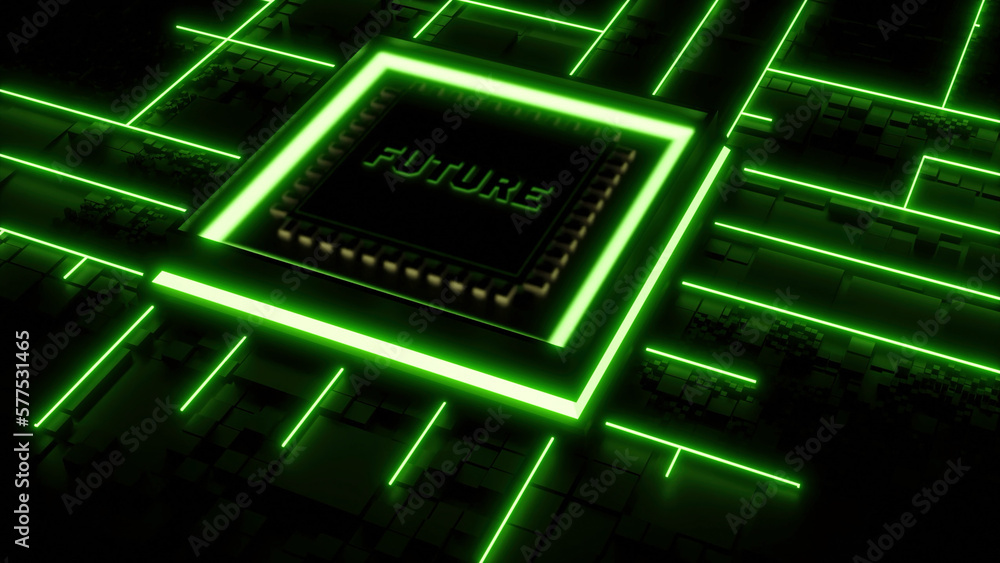 Poster futuristic chip with moving neon energy lines. design. chip with word future starts computer. new fu