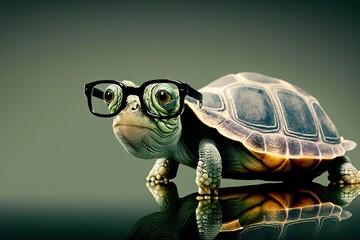  Cute little green turtle with glasses in front of studio background, generative ai