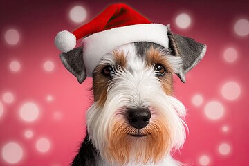 Cute Wire-haired Fox Terrier with Santa Hat
