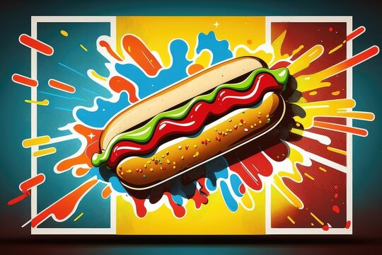 Appetizing hot dog on blue, yellow, red background, retro pop art style. Generative AI