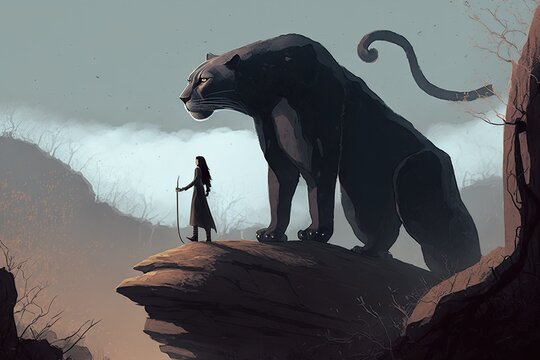  giant black panther and its owner standing on rock mountain digital art style illustration painting, generative ai