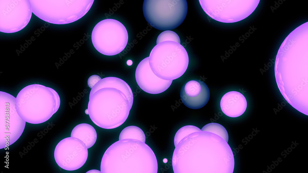 Poster illuminated blue and purple bubbles. design. black background with reflective circles that fill all 