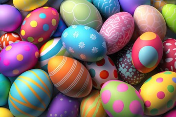 Pile of colorful Easter eggs, background, illustration, generative ai