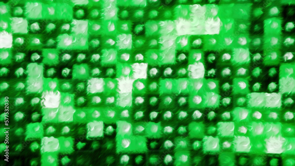 Poster green and yellow background with mosaic. motion. illuminated squares of small size made in computer 