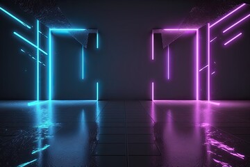 Futuristic Sci-Fi Abstract Blue And Purple Neon Light Shapes On Black Background And Reflective Concrete With Empty Space For Text, background, illustration, generative ai