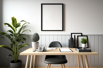 home office, table with décor, and close up of a blank wall. Generative AI