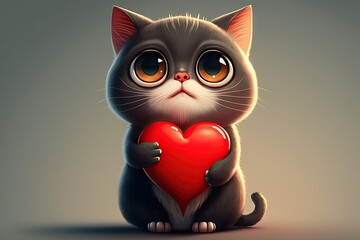  Cute Cartoon Cat Holding a Red Heart, generative ai