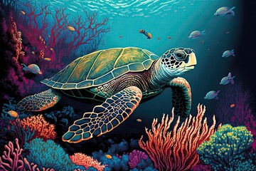  Colorful illustration of a sea turtle swimming over coral reefs, generative ai