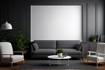 Dark grey living room with a white empty mockup poster as the background. Featuring a parquet floor, a couch, two armchairs, a coffee table, a slim light, a bookcase, and a panoramic window