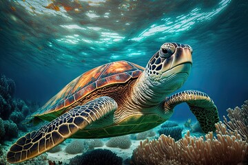  Sea turtle swimming over coral reefs, generative ai