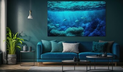  a living room with a blue couch and a painting on the wall.  generative ai