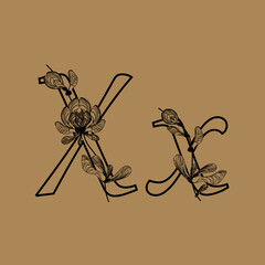 Spring alphabet. Designer's letter Decorative typeface with maple lionfish floral ornament. Linear image of a plant composition on the background of the letter. Environmental typography.