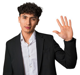 A young latin business man in suit smiling cheerful showing number five with fingers.