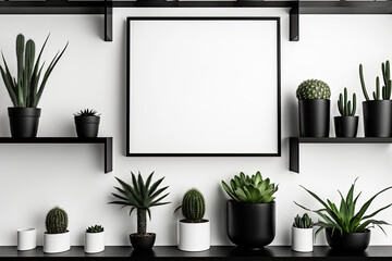 Mock up a black frame with several shelves of indoor plants. White wall with a white shelf. Copy space. Generative AI
