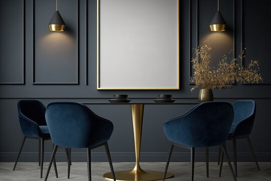 Black vertical poster frame mock up in dinning room modern interior with luxury dark blue chairs and marble and gold table with wooden floor and gray wall,. Generative AI