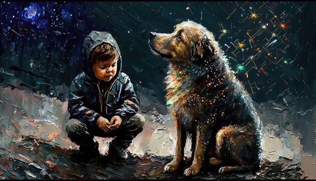 paint like illustration of a kid with pet, Generative Ai