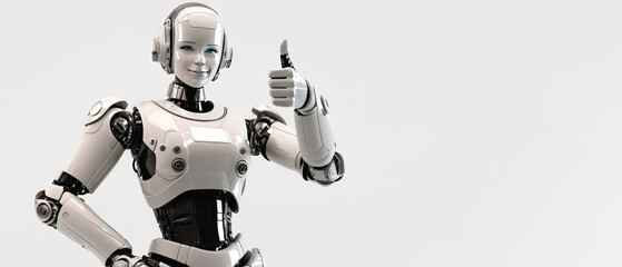 Poster with a robot woman giving thumbs up with copy space - Generative AI - obrazy, fototapety, plakaty