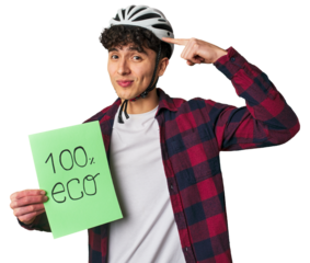 Young man with an Eco-friendly message delivered with a smile.