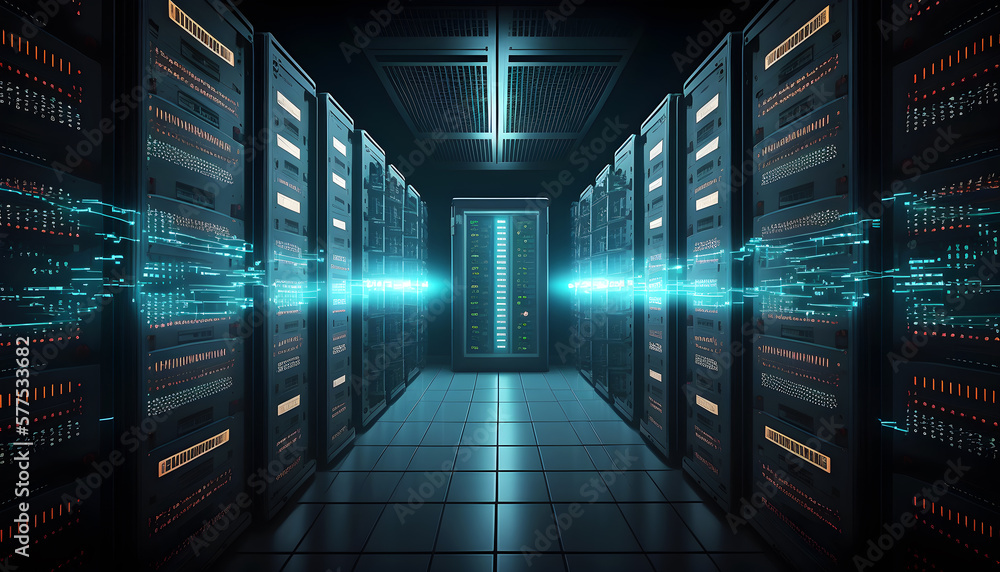 Poster working data center with row of rack servers witk blue lights, illustration ai generative
