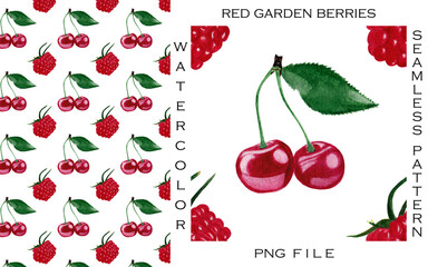 Watercolor hand-painted seamless PNG pattern of red cherry and raspberry berries. Suitable for fabrics, prints, postcards, invitations, mobile apps, banners design, internet ads and pages and more.
