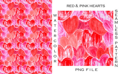 Watercolor hand-painted abstract seamless pattern of red and pink hearts. Suitable for fabrics, prints, postcards, invitations, mobile apps, banners design, internet ads  and web pages and more.