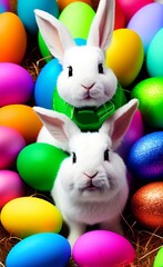 Fototapeta na wymiar Realistic fluffy white bunny, in Easter decoration, Easter eggs. Generative AI 