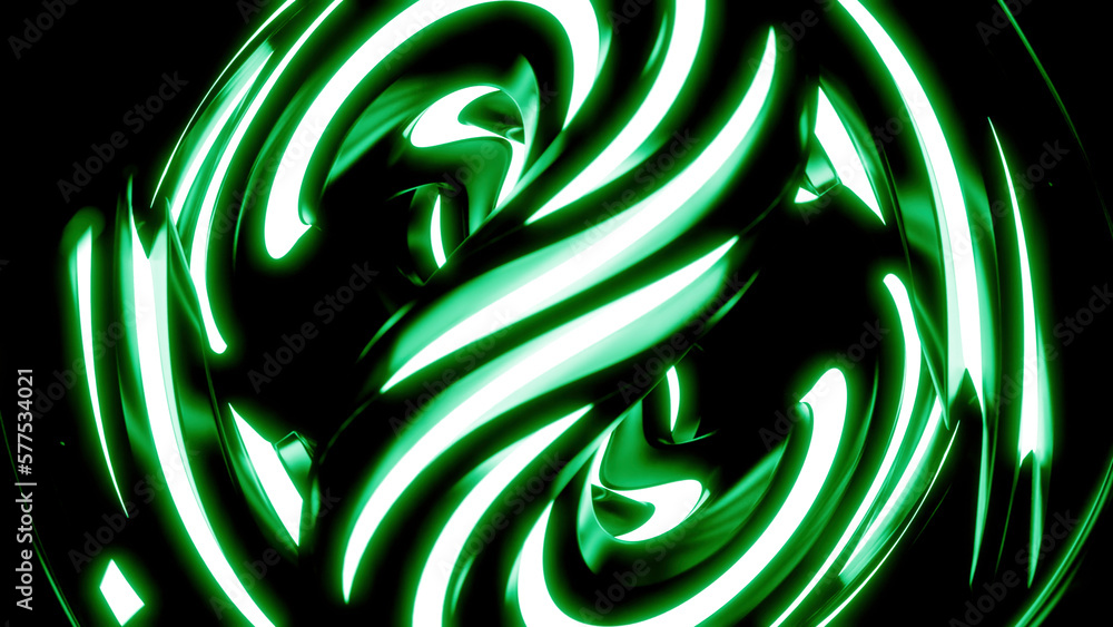 Poster rotating neon lines. design. a ball on a black background created from luminous white and green line