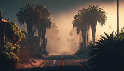 country road full of misty fog look scary haunted and mystery, idea for background wallpaper, Generative Ai