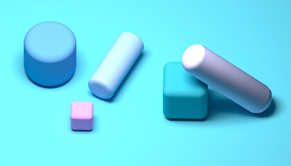 Minimal scene with geometrical forms 3d render, abstract geometric background, multicolored primitive shapes, minimalistic design, multicolor elements. Top view