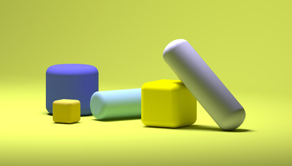 Minimal scene with geometrical forms 3d render, abstract geometric background, multicolored primitive shapes, minimalistic design, isolated multicolor elements on yellow background. soft light.