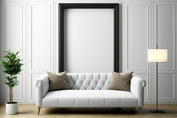 of living room interior with picture frame sofa cabinet for your mockup. Generative AI