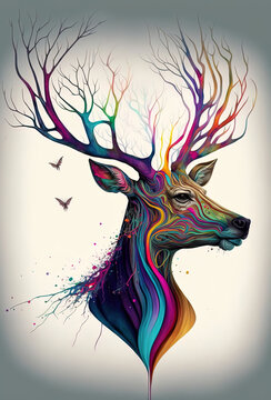 Majestic Deer Head Illustration: Colorful, Digital, and Full of Nature's Splendor, Wildlife Lovers and Christmas Enthusiasts, watercolor painting