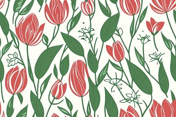 Tulips pattern. Tulips on pastel background, tribal style generative ai illustration. Spring floral background