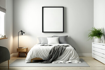 Mock up frame, wall in bedroom interior, Scandinavian style,. Generative AI