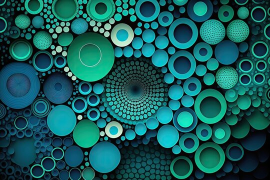 Abstract background with various sized circles in different shades of blue and green in a grid pattern created with generative AI technology